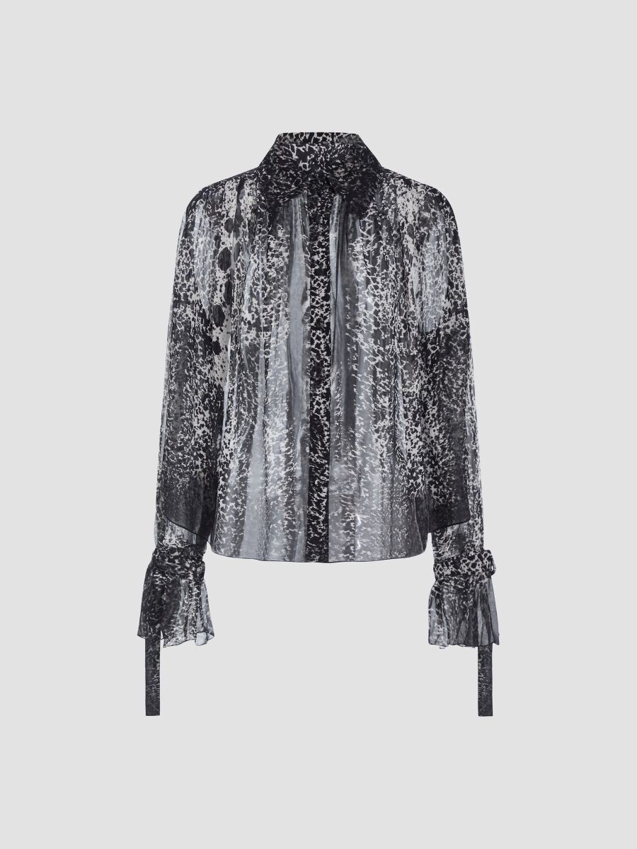 Women's Walker Abstract Georgette Ruched Blouse - Black Ivory - Size XL