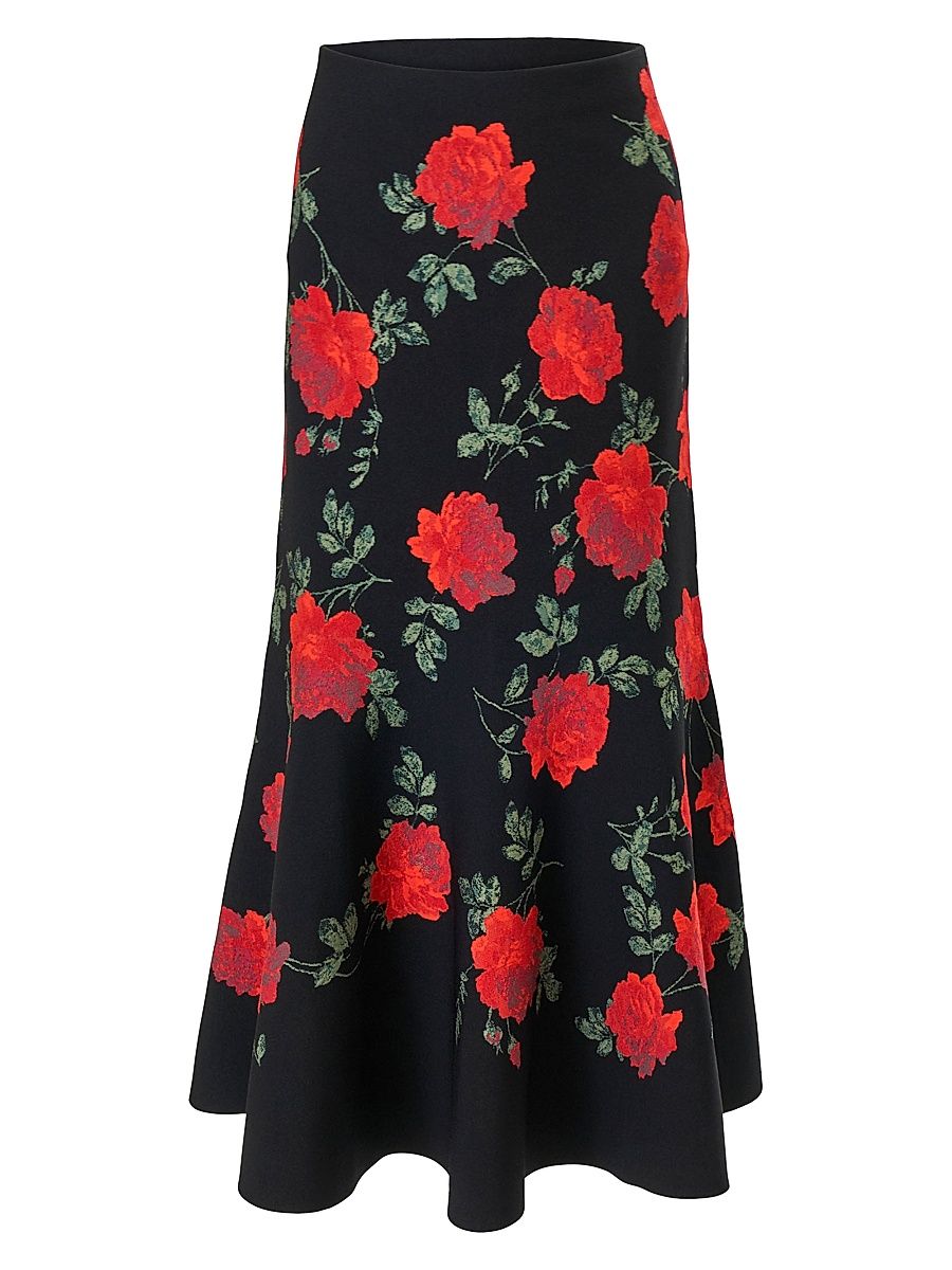 Women's Rose-Print Knit Trumpet Skirt - Black Multi - Size Large