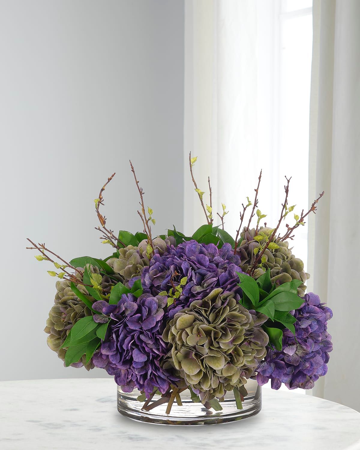 Hydrangea 17" Faux Floral Arrangement in Glass Bowl