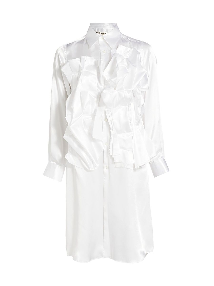 Women's Satin Ruffled Shirtdress - White - Size Medium