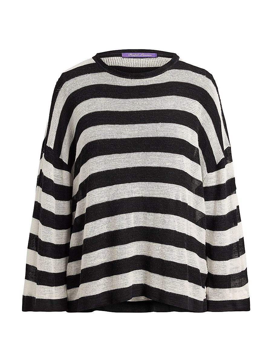 Women's Striped Silk-Linen Crewneck Sweater - Black Lux Cream - Size XS
