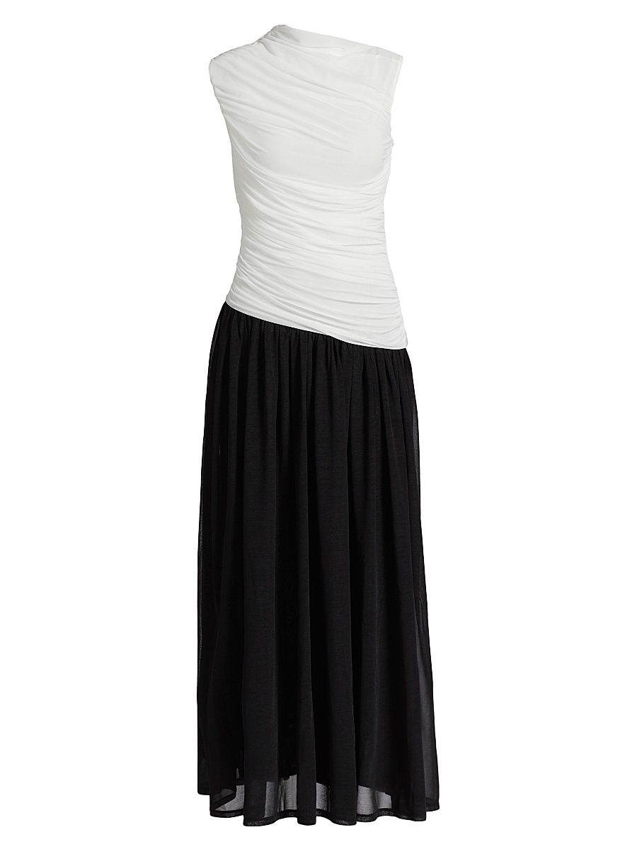 Women's Odila Asymmetric Colorblocked Ruched Maxi Dress - Ivory Black - Size 10