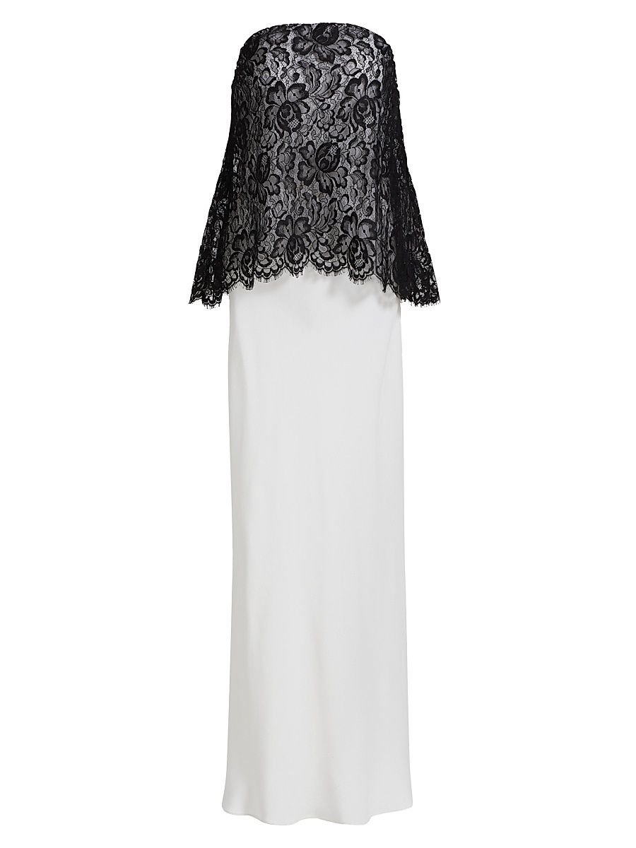 Women's Silk Crepe & Lace Overlay Bias-Cut Dress - White Black - Size 10