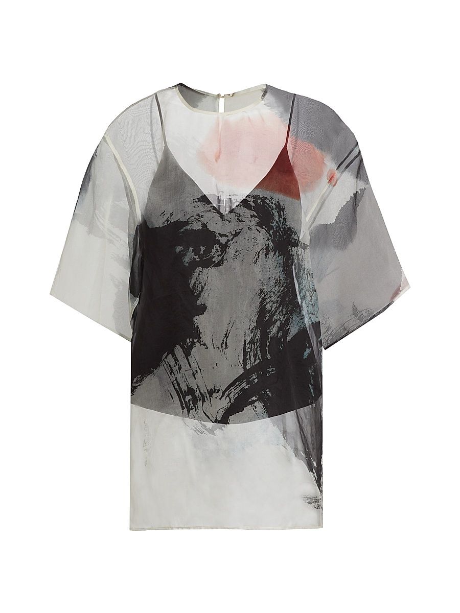 Women's Silk Organza Oversized T-Shirt - Calico Multi - Size Medium