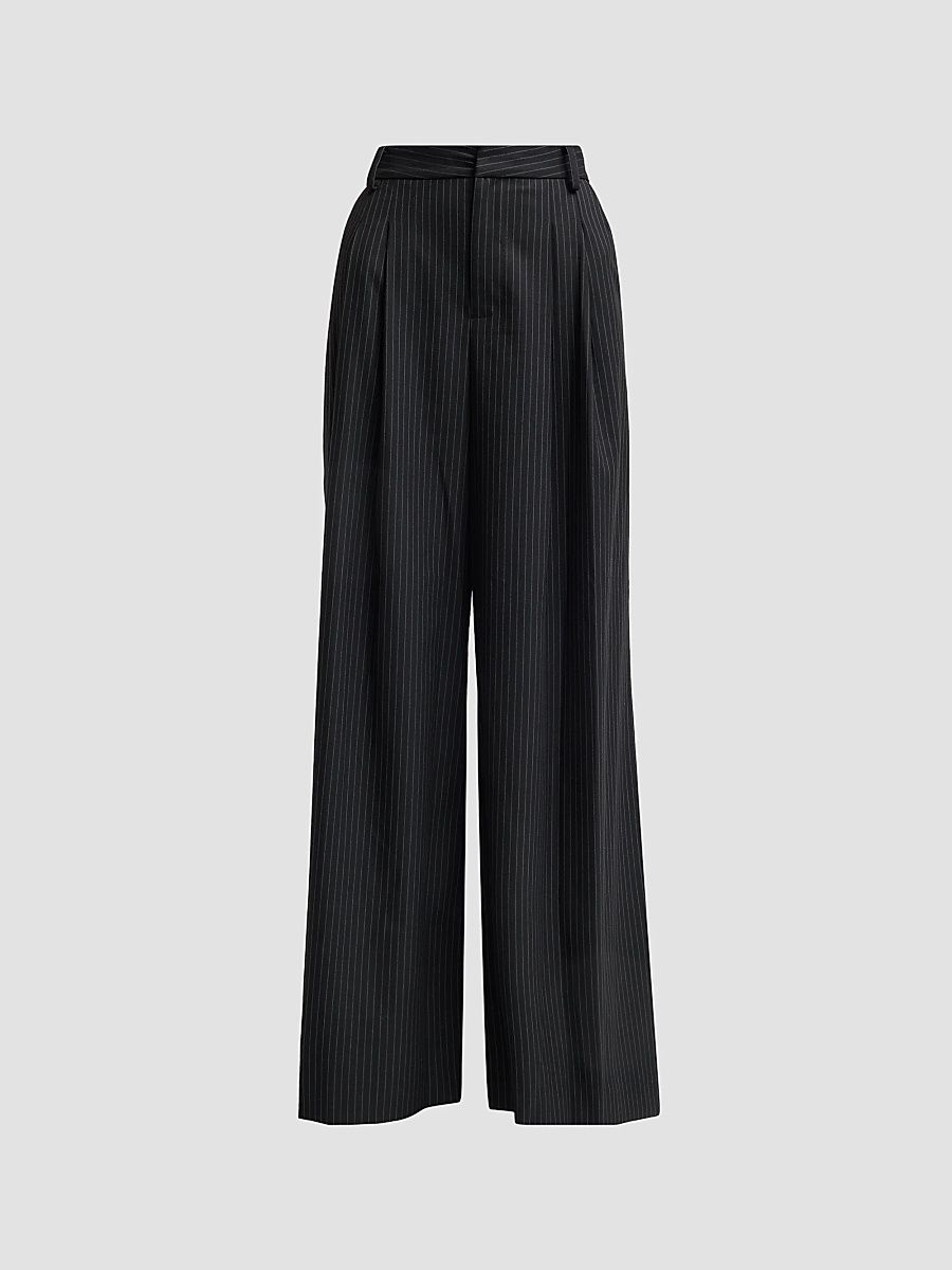L'AGENCE Women's Chelsy Wide-Leg Pants - Black Grey Pinstripe - Size 14
