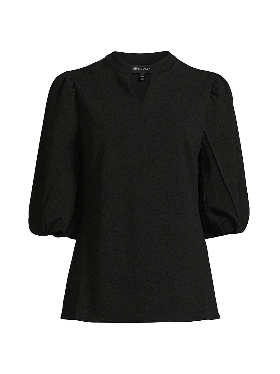 Women's Deco Crépe Puff-Sleeve Blouse - Black - Size XL