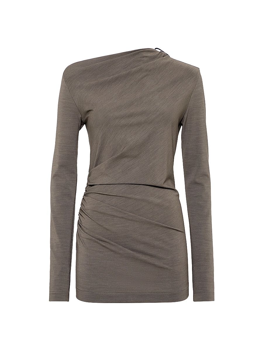 Women's Techno Wool Jersey Long Sleeve Ruched T-Shirt with Shiny Detail - Mud - Size XXXL