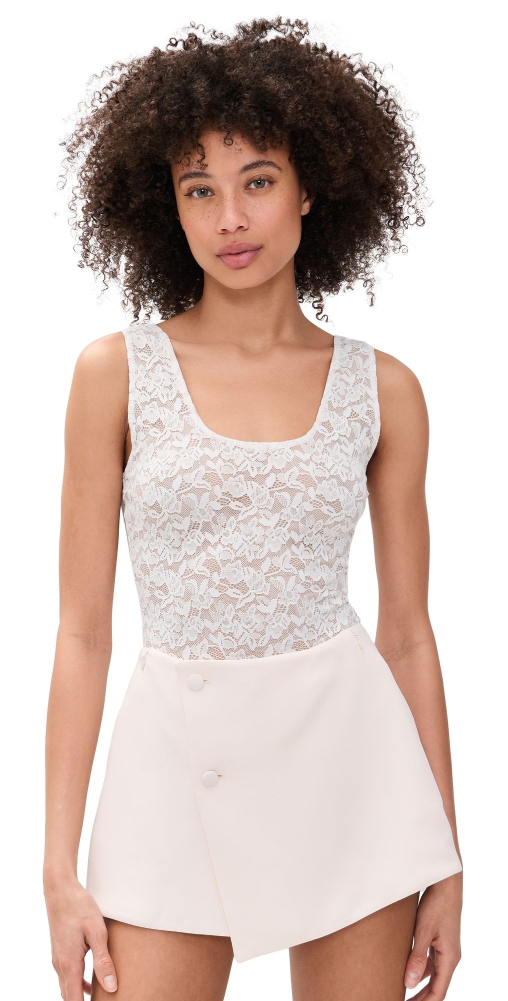 Good American Stretch Lace Scoop Tank Bodysuit Chalk XS