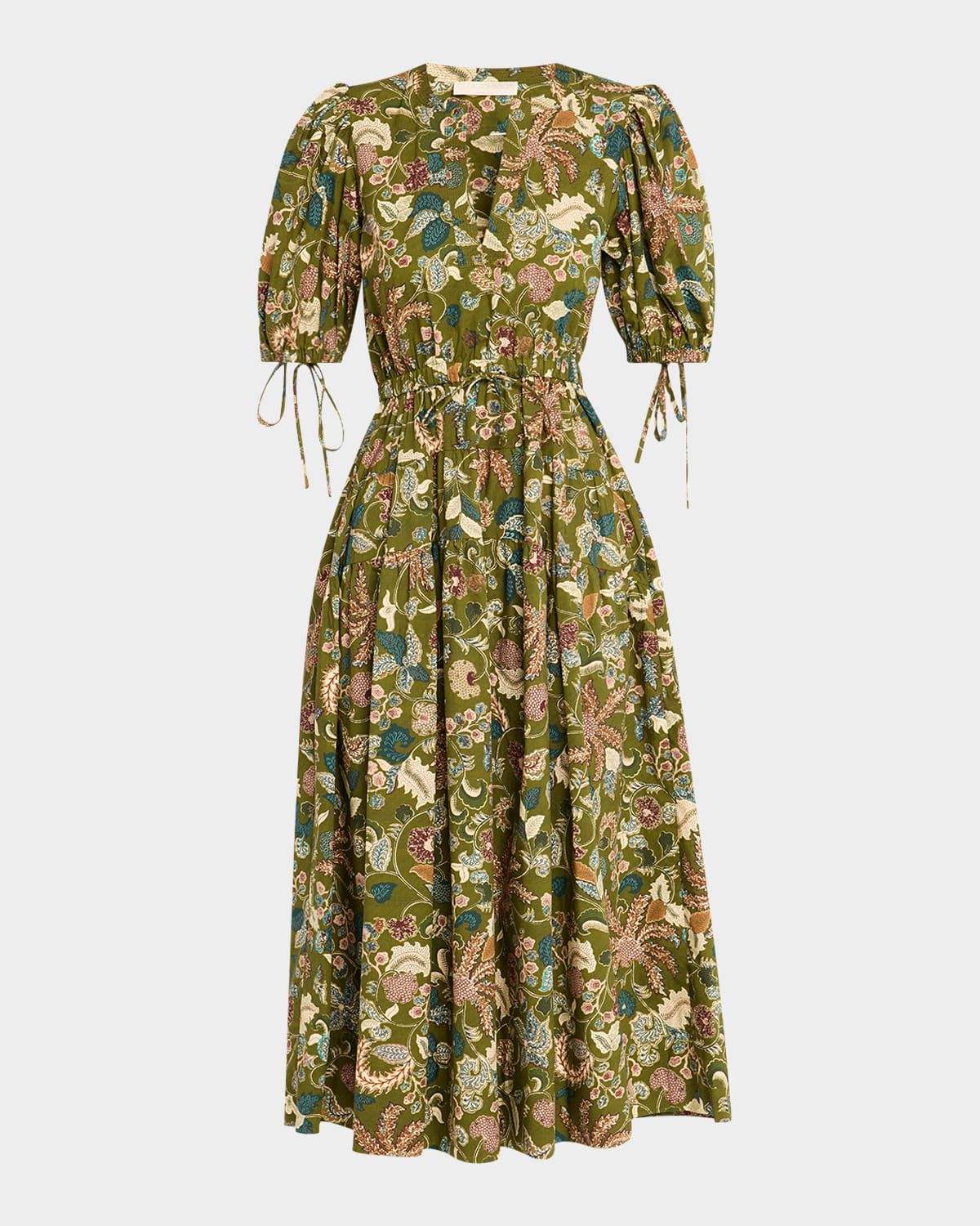 Adriana Puff-Sleeve V-Neck Midi Dress