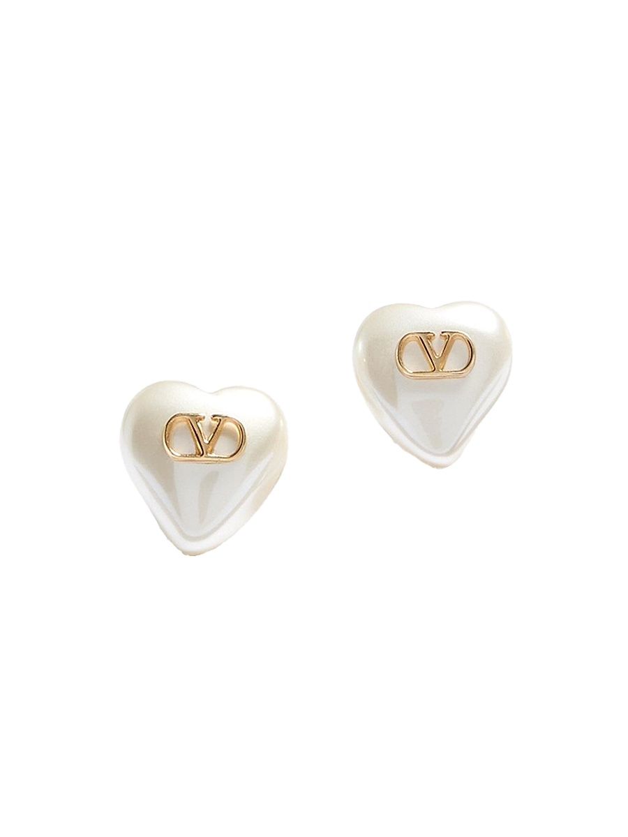 Women's VLogo Signature Metal and Pearl Earrings - Gold Cream