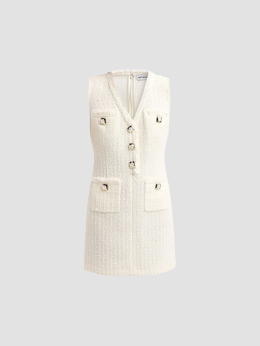 Women's Bouclé V-Neck Shift Mini Dress - Cream - Size 12
