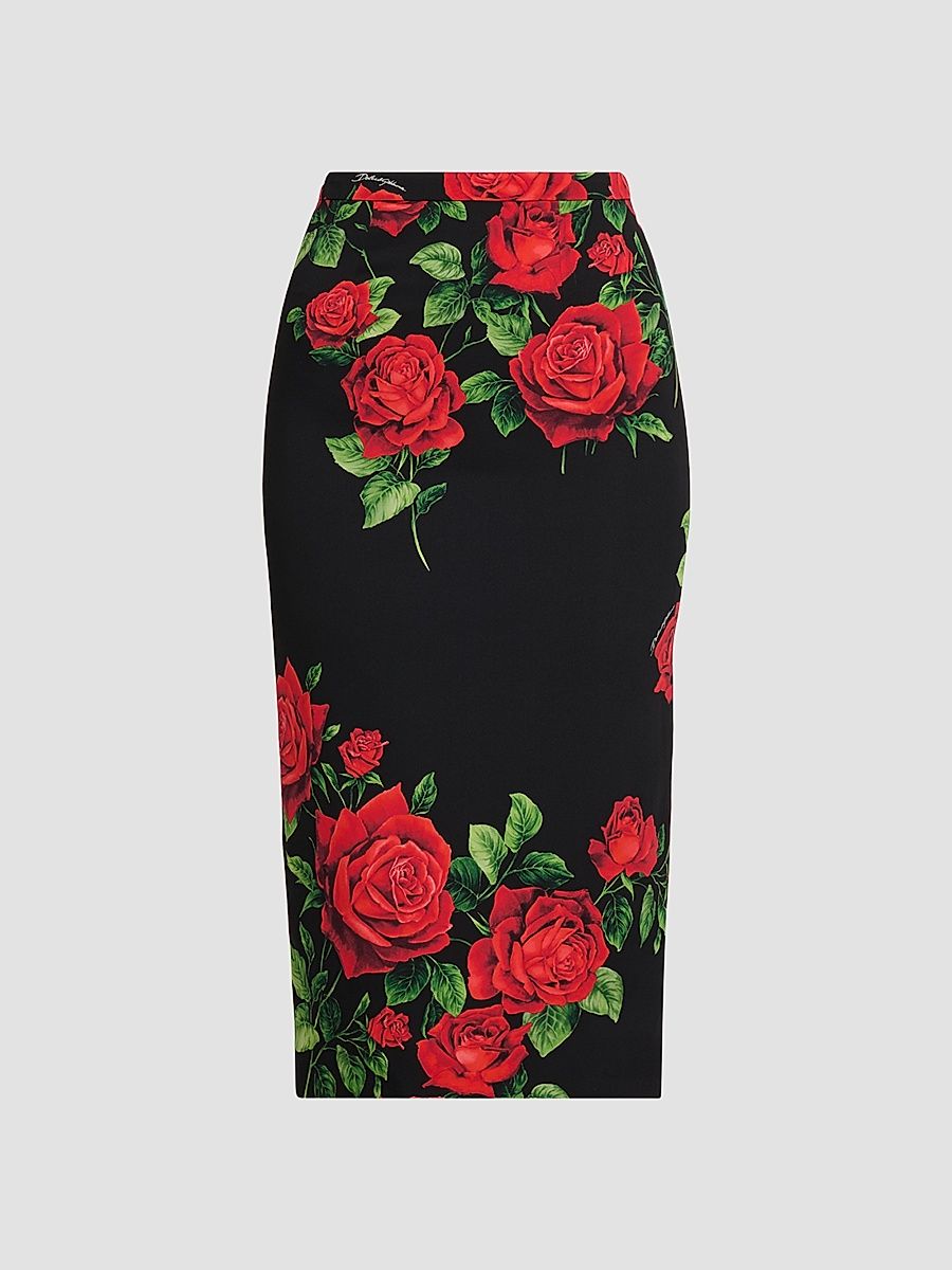 Women's Floral Stretch-Silk Pencil Midi-Skirt - Rose Rosse Nero - Size 10