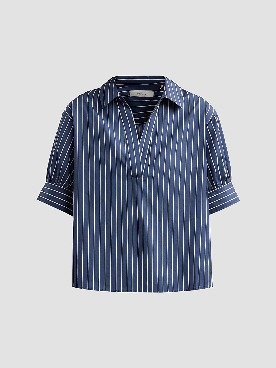 Women's The Popover Striped Cotton Top - Navy Multi - Size XL