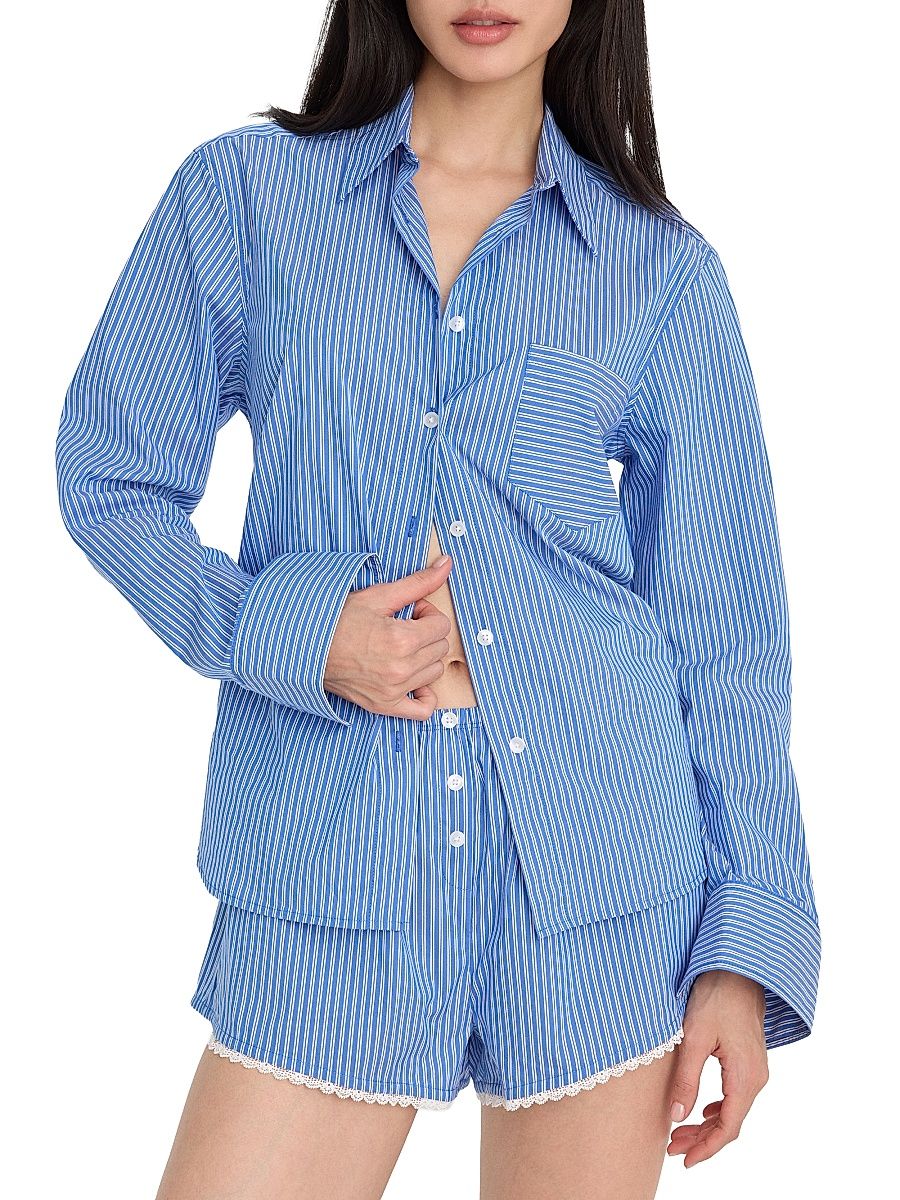 Women's Striped Poplin Cotton-Blend Shirt - Blue White Stripe - Size XS