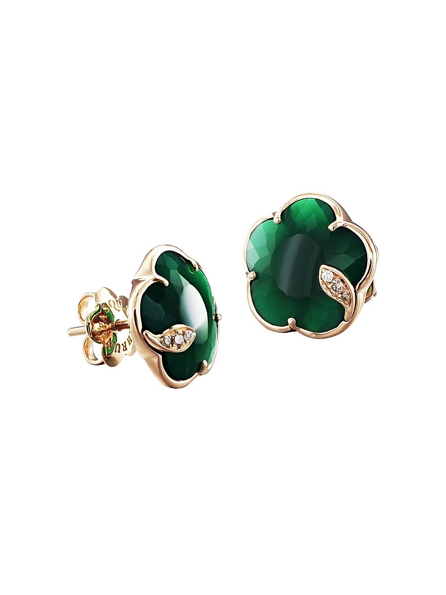 Women's Petit Joli 18K Rose Gold, Green Agate, & Diamond Flower Stud Earrings