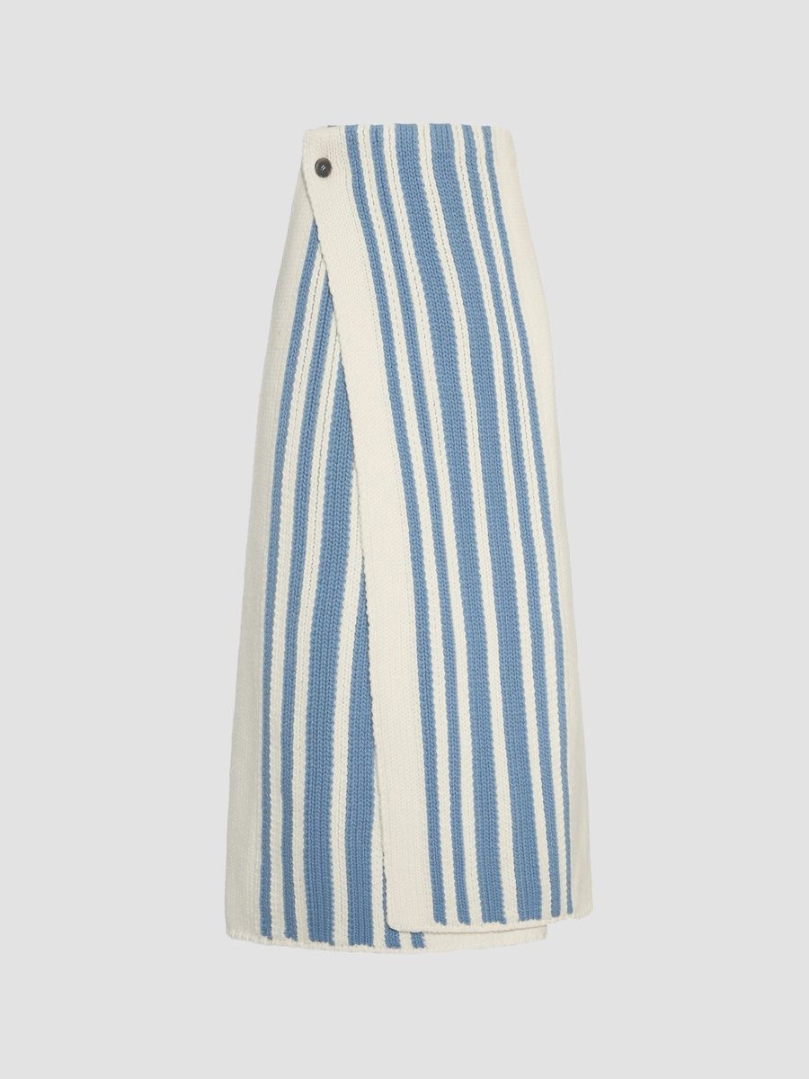 Malo Women's Striped Virgin Wool-Cashmere Wrap Maxi Skirt - Blue Cream - Size 14