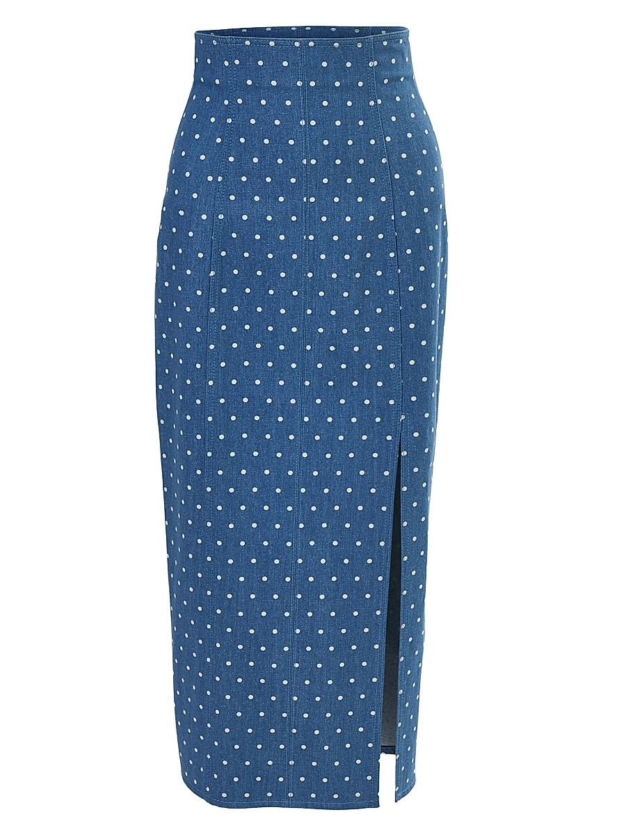 Women's Polka Dot Denim Midi-Skirt - Light Blue - Size 14