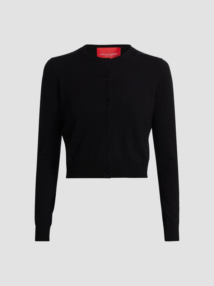 Carolina Herrera Women's Crewneck Silk-Cotton Cardigan - Black - Size XXL