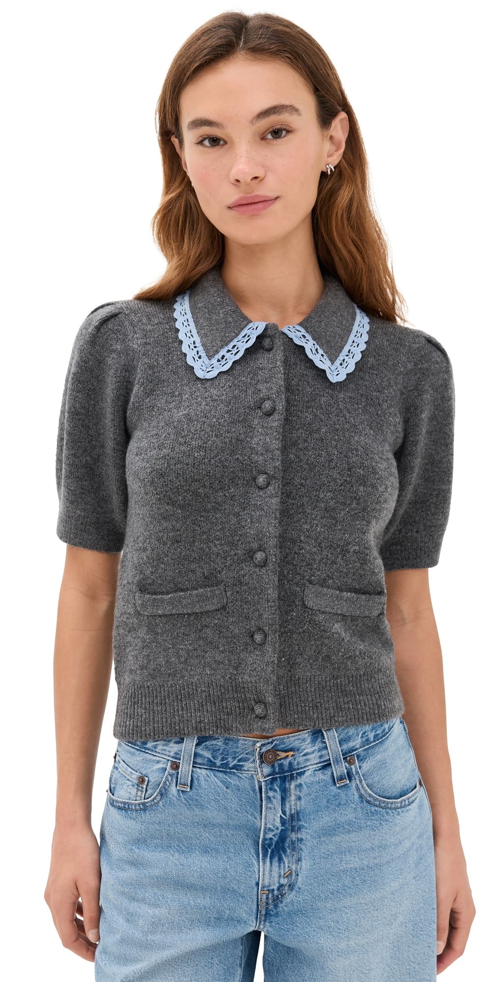 English Factory Lace Trimmed Puff Sleeve Knit Cardigan Heather Grey M