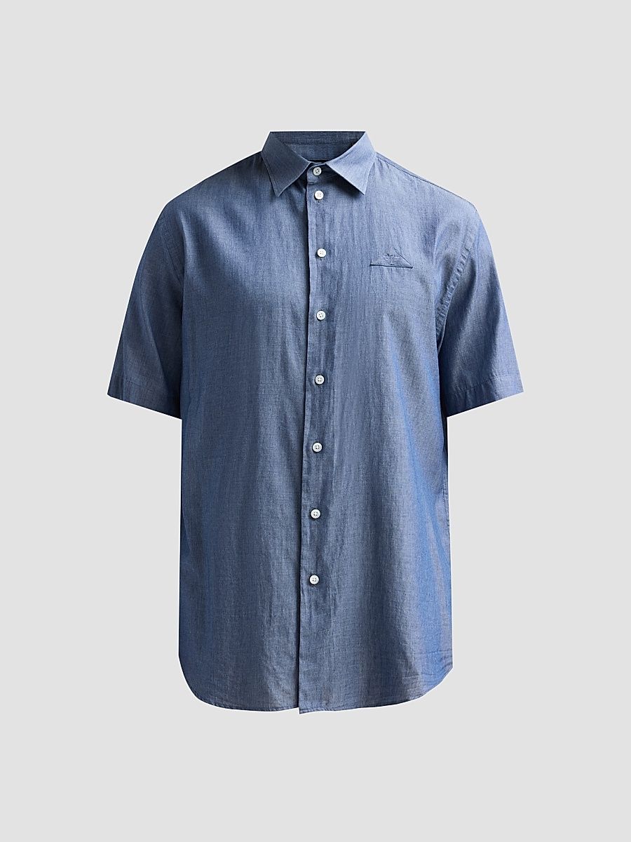 Men's Solid Chambray Short-Sleeve Sport Shirt - Solid Medium Blue - Size XXL