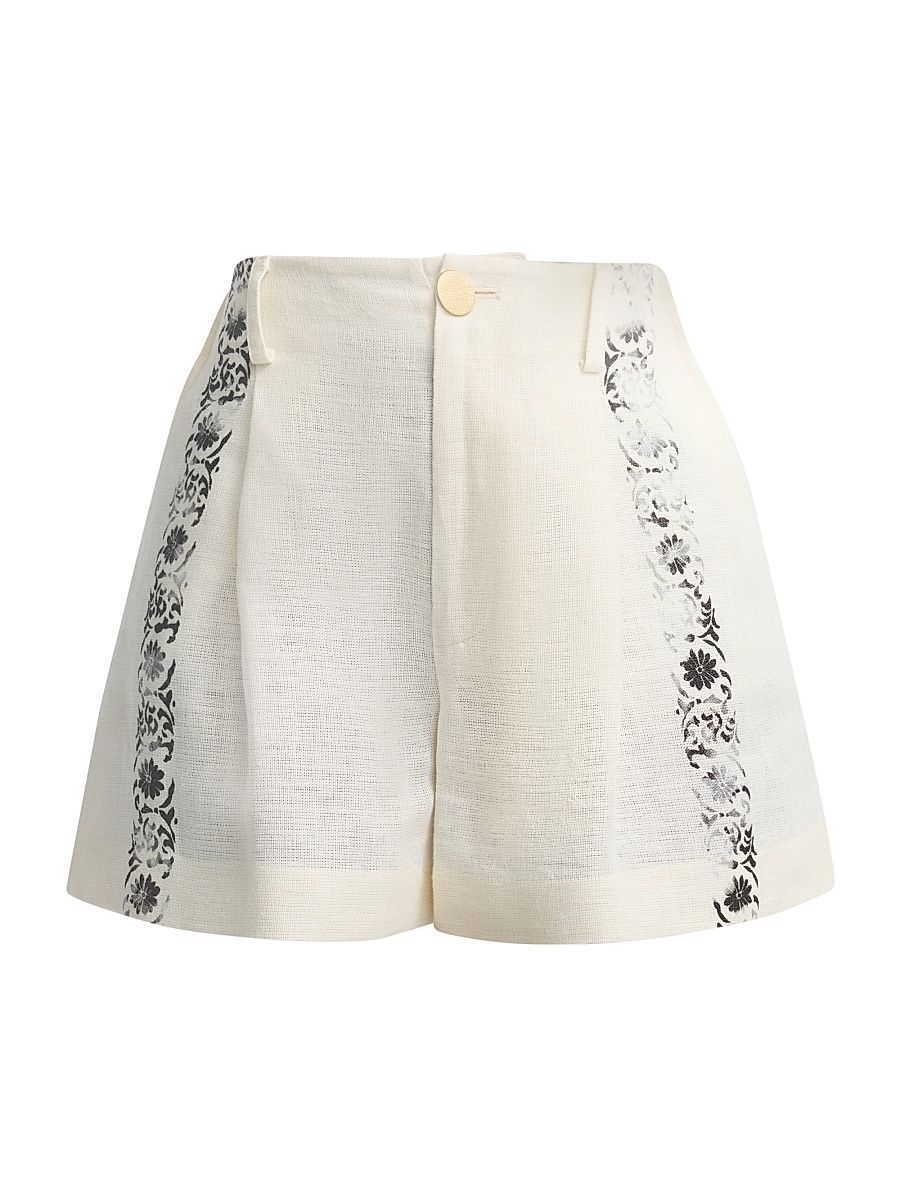 Women's Floral Linen High-Rise Shorts - Multi Ivory - Size 0