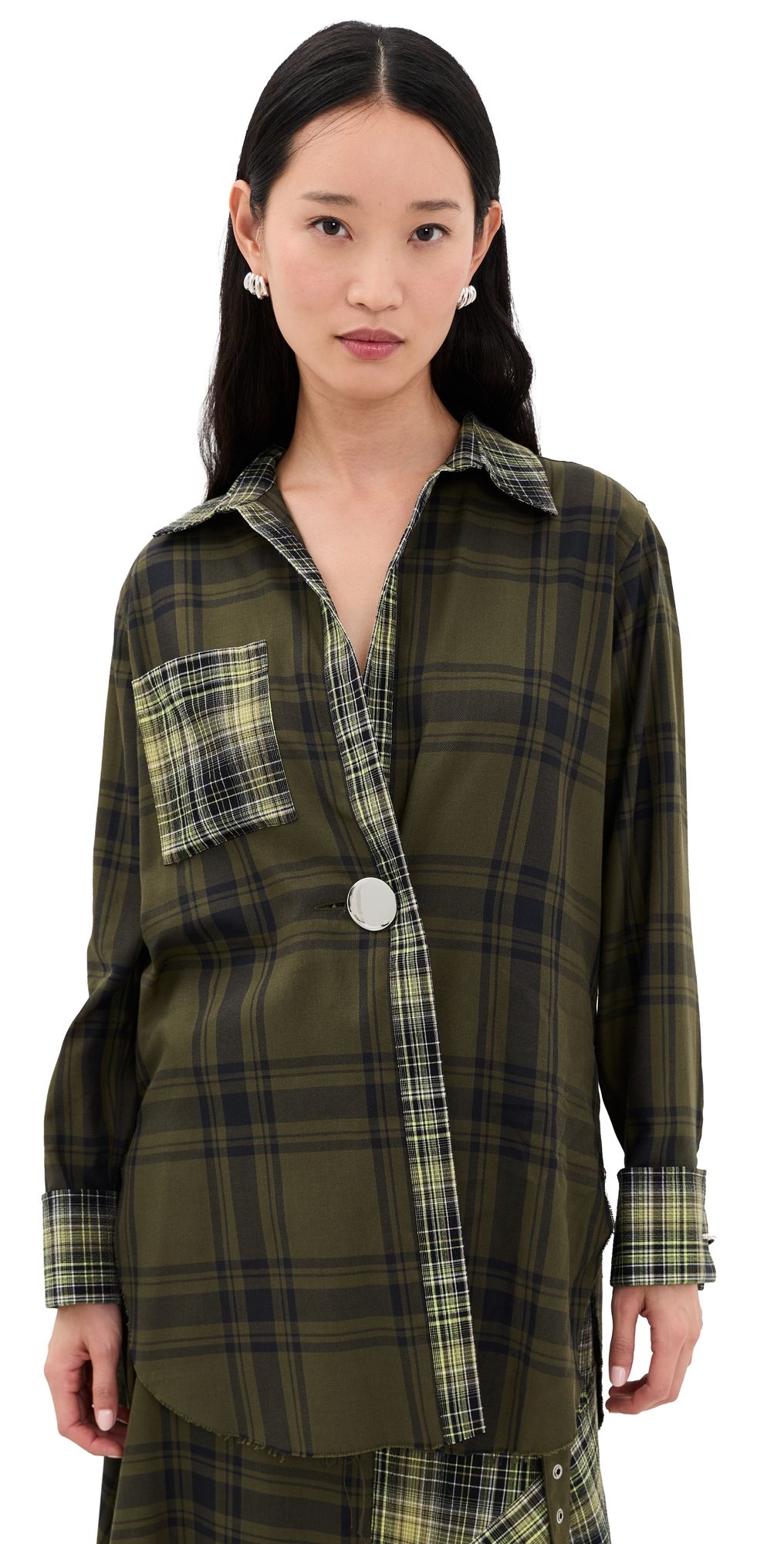 Marques'Almeida Plaid Overlapping Front Tailored Button Down Shirt Green Plaid 12