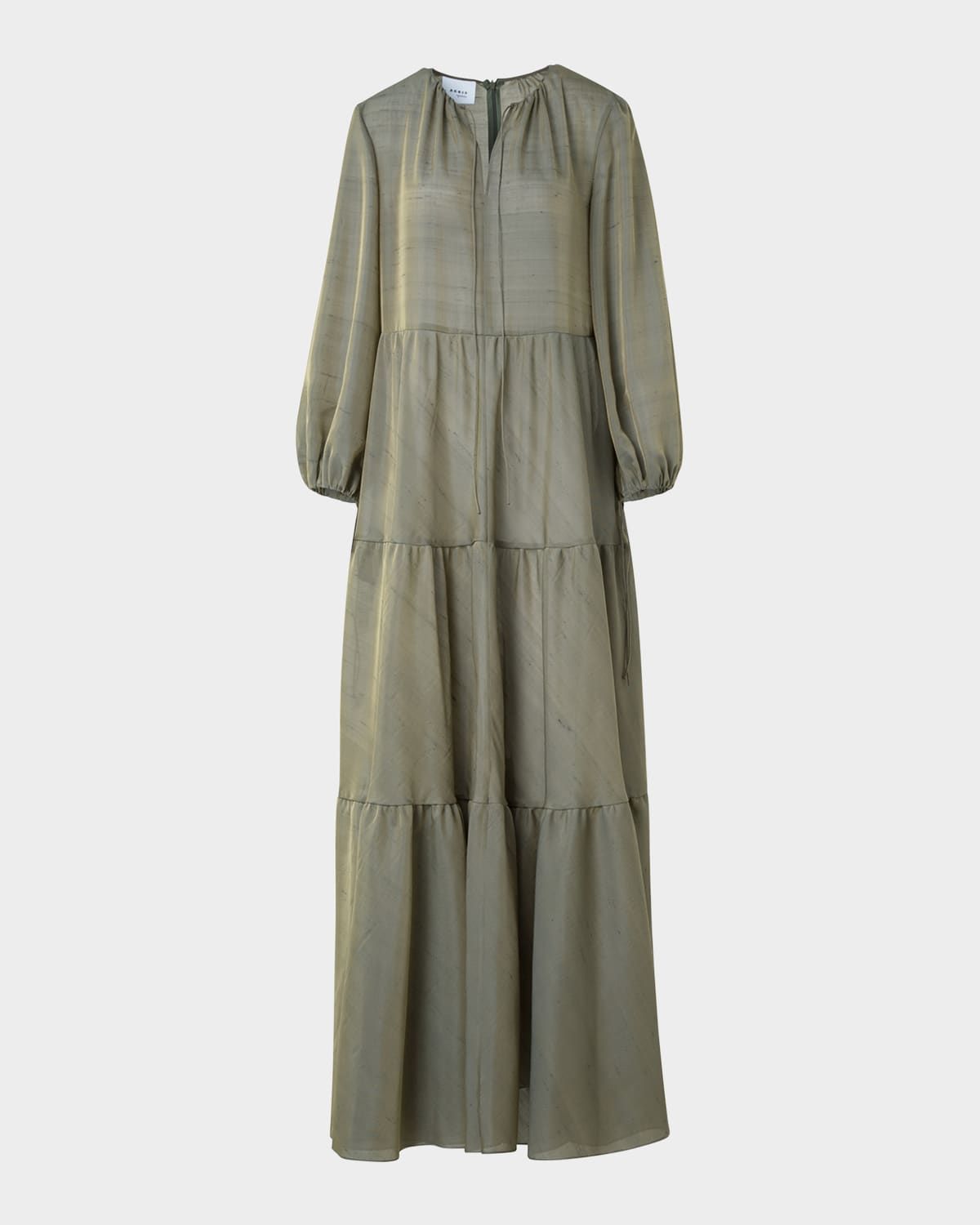 Long-Sleeve Tiered Silk Batiste A-Line Maxi Dress
