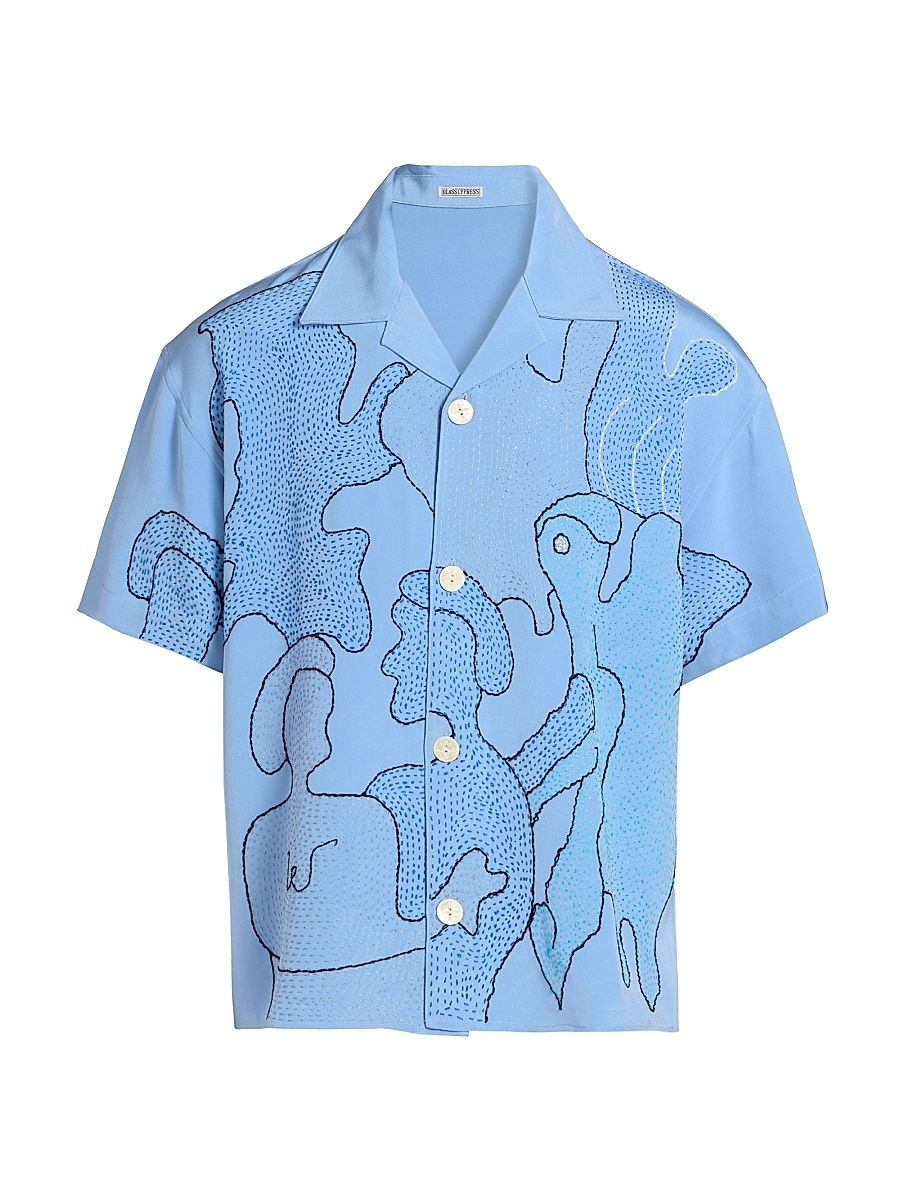 Men's Embroidered Silk Button-Front Shirt - Lavender - Size Small