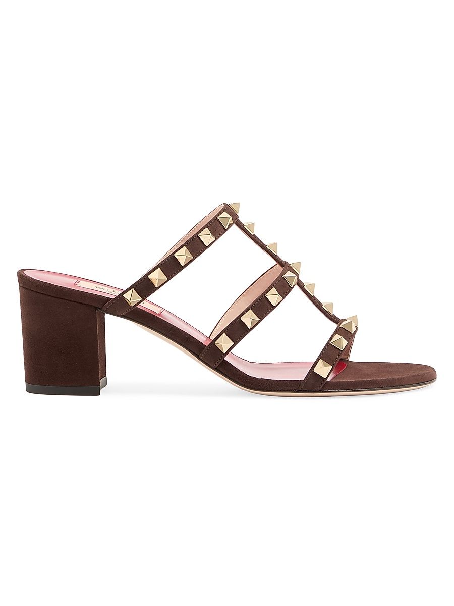 Women's Rockstud 60MM Slide Sandals in Suede - Ebony - Size 6