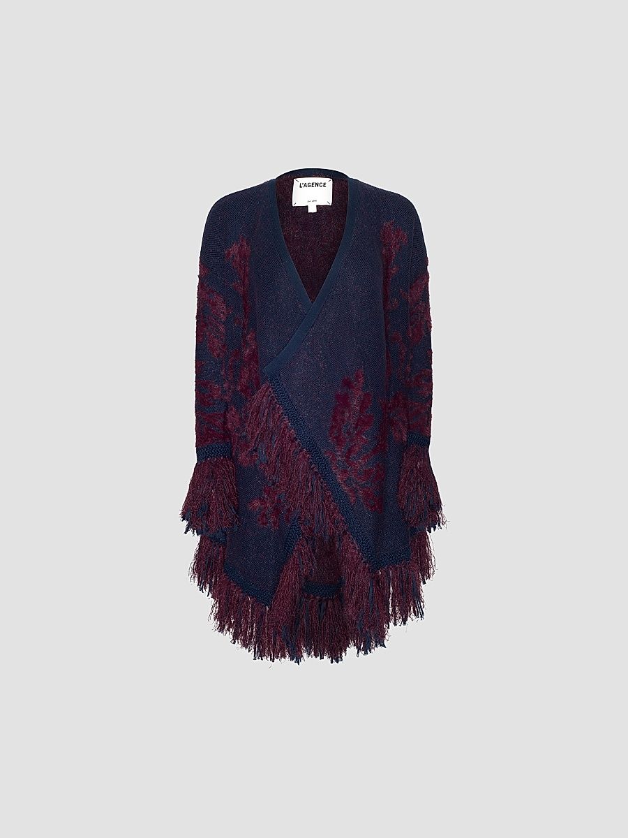L'AGENCE Women's Naiad Jacquard Fringe Cardigan - Midnight Burgundy Jacquard - Size XL