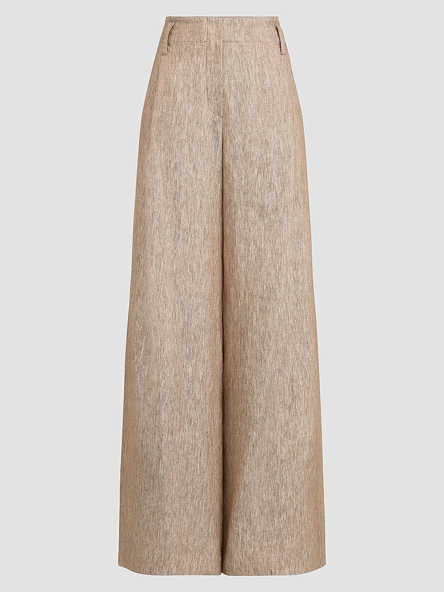 Women's Linen Denim Pleated A-line Trousers with Monili - Beige - Size 14