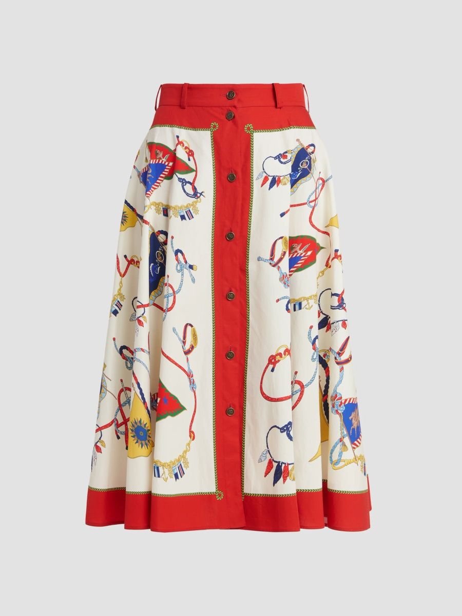 Etro Women's Status Print Cotton Poplin Midi Skirt - Print White Base - Size 12