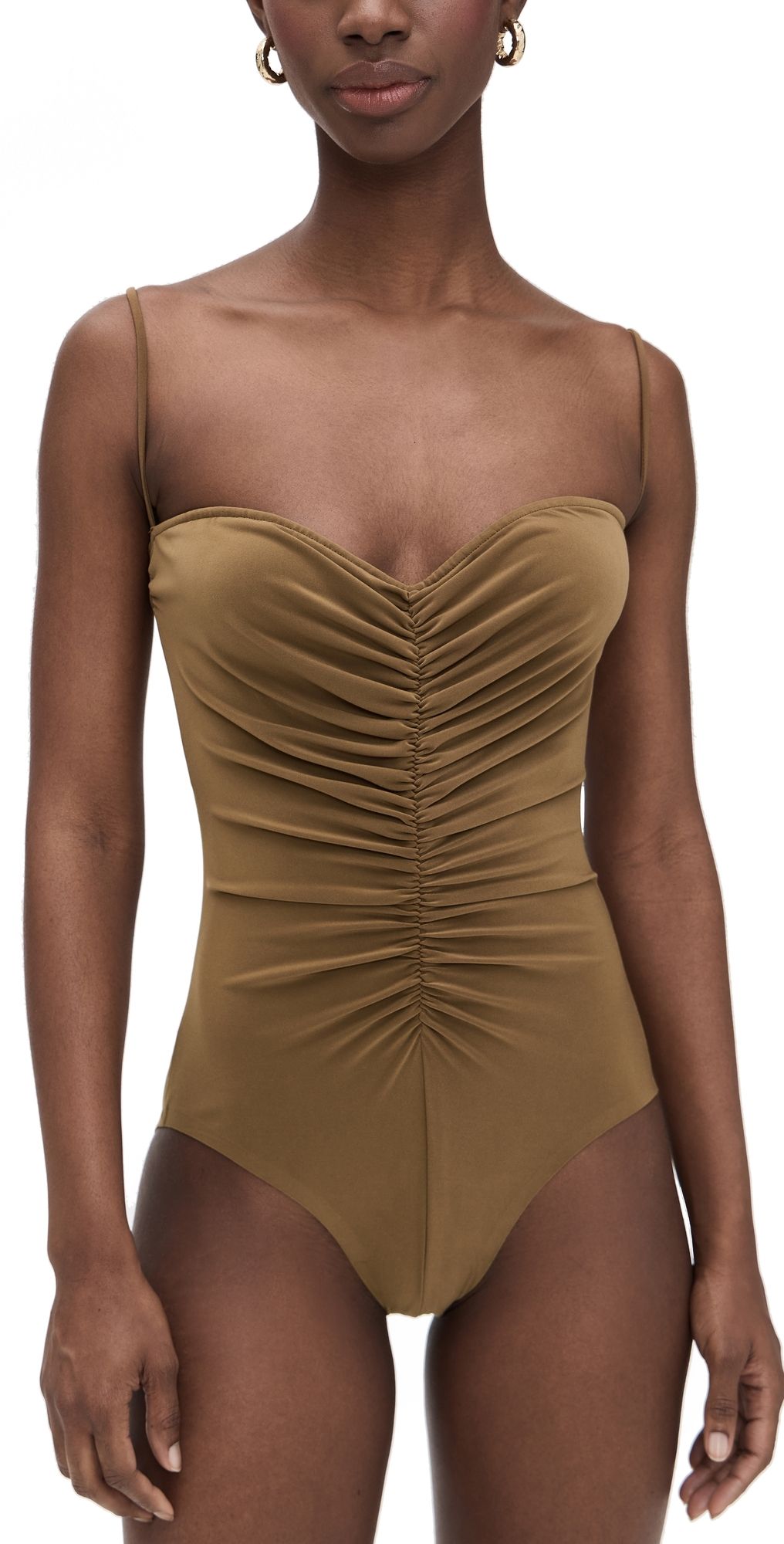 Norma Kamali Strapless Shirred Front Mio One Piece Bronze S