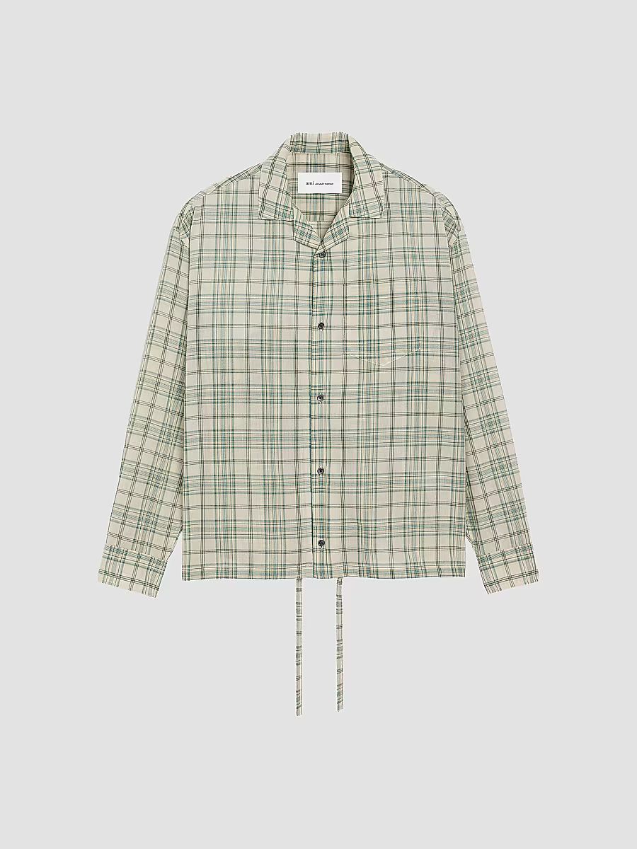 AMI Paris Men's Plaid Cotton-Blend Boxy Camp Shirt - Vert Sapin Blanc Creme - Size 16.5