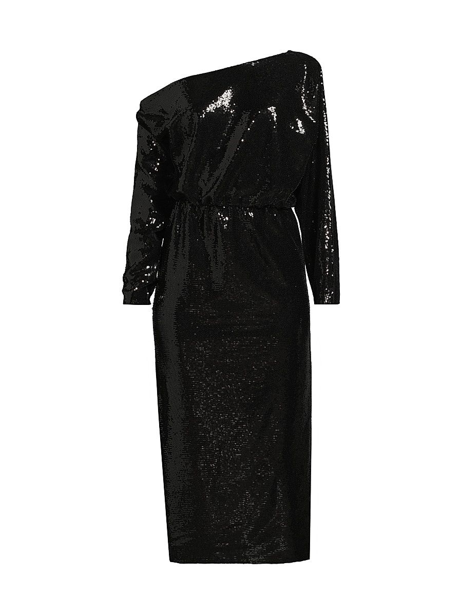 Women's Sequined One-Shoulder Blouson Maxi Dress - Black - Size Large