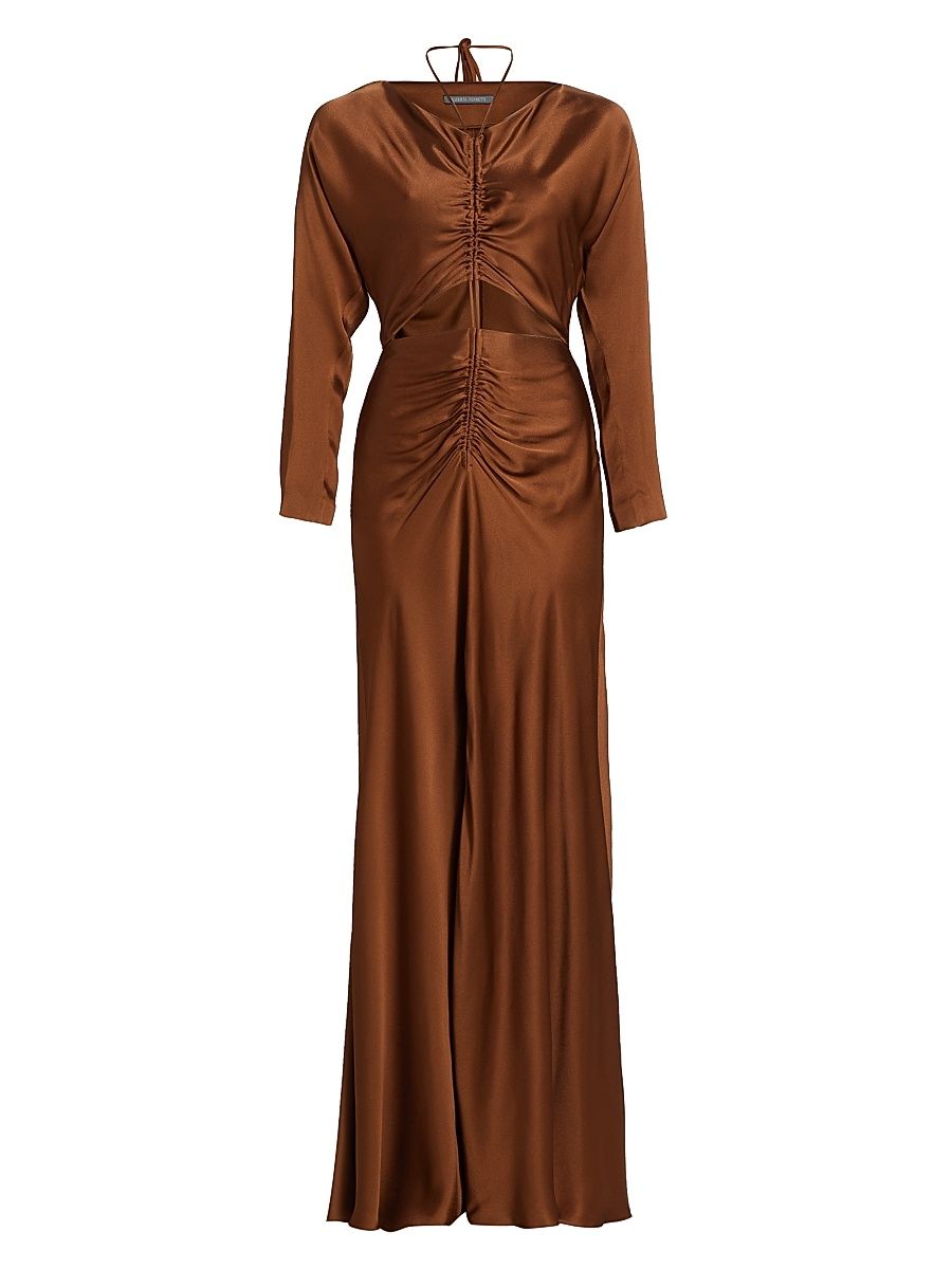 Women's Satin Ruched Cut-Out Maxi Dress - Brown - Size 10