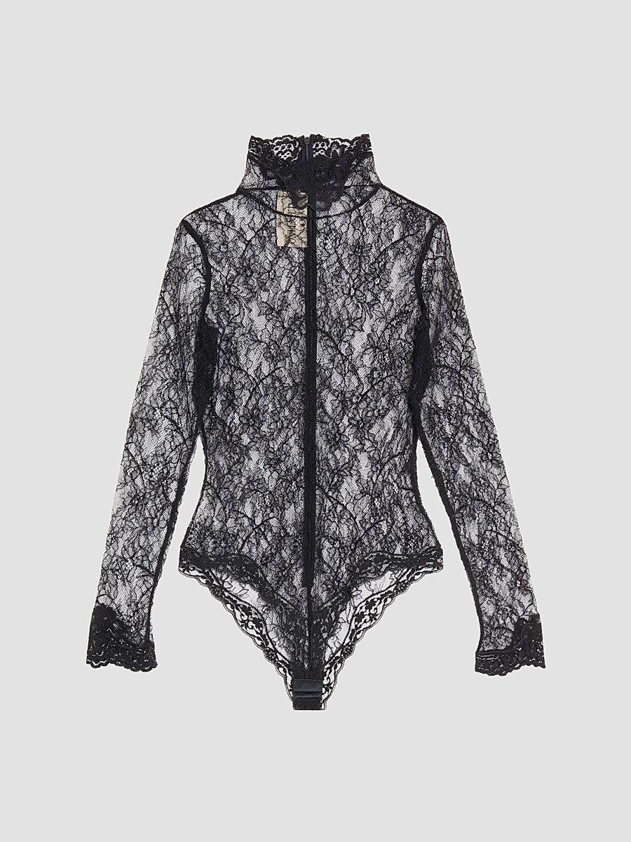 Women's Floral Lace Body Suit - Black - Size Small