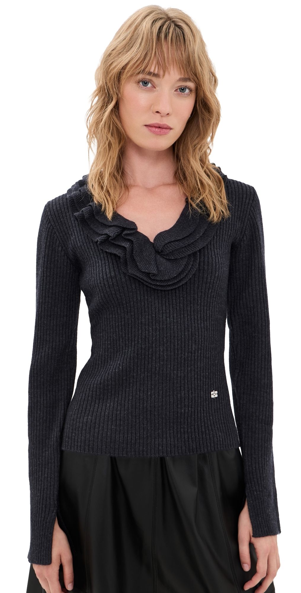 GANNI Ribbed Merino Wool Frill Sweater Phantom XXS
