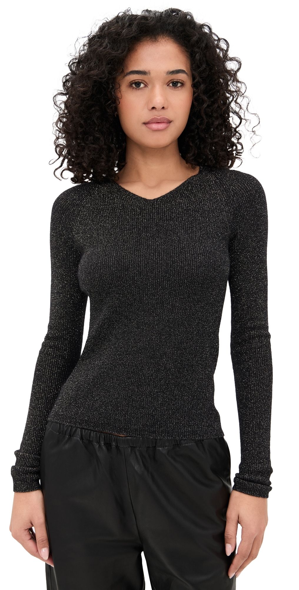 Vince Metallic High V Neck Pullover Black Metallic L