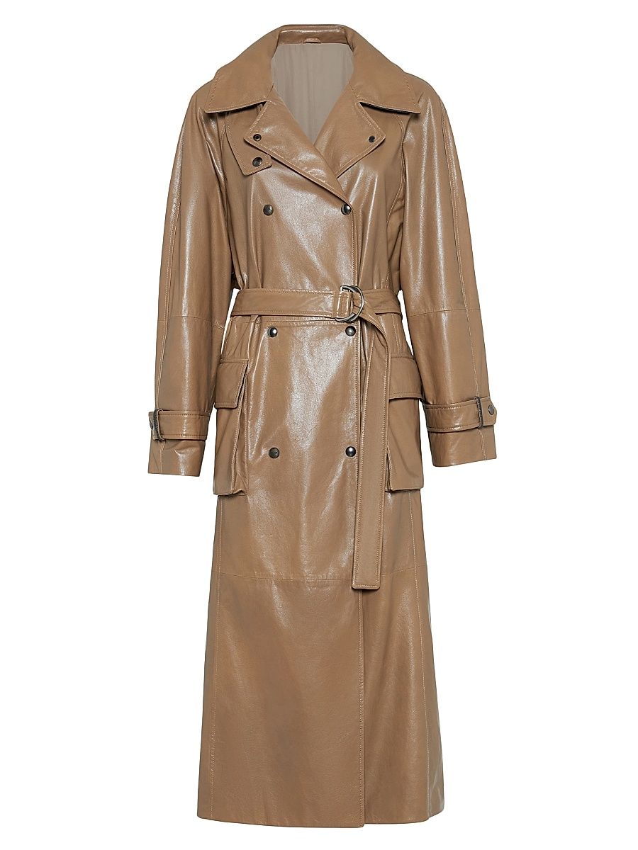 Women's Polished Nappa Leather Trenchcoat - Cognac - Size 10