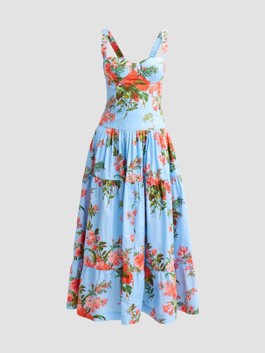 Cara Cara Women's Santiago Floral Cotton Bustier Midi Dress - Kiera Flora Blue - Size 12