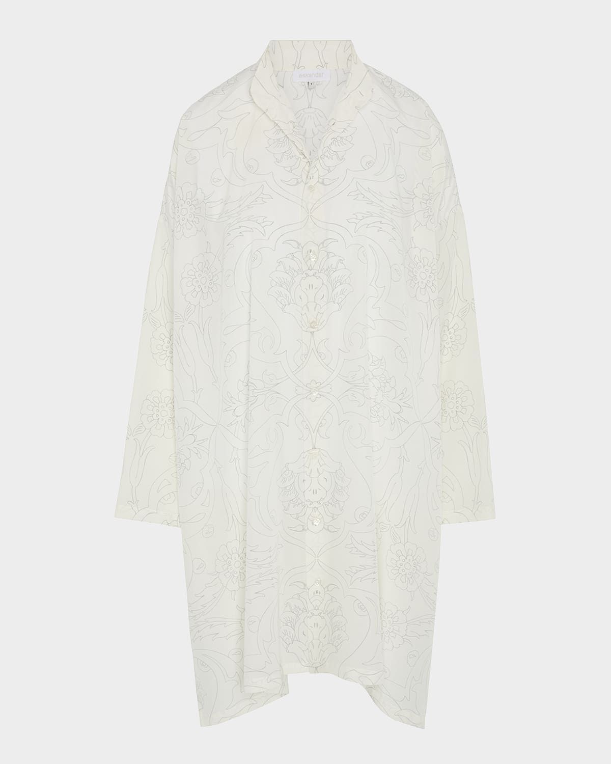 Tile-Print Ottoman Wide A-Line Collarless Shirt With Slits (Very Long Length)