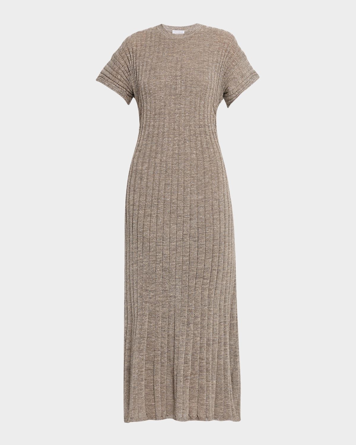 Metallic Linen Rib Short-Sleeve Midi Dress