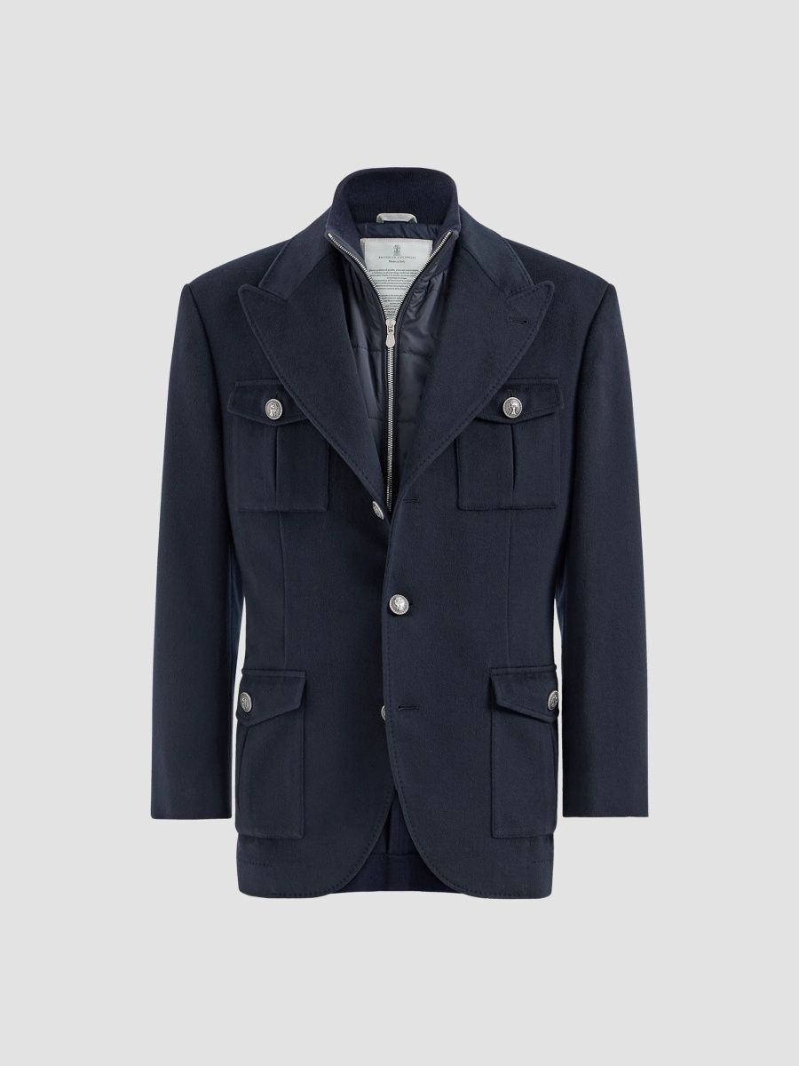 Brunello Cucinelli Men's Virgin Wool Beaver Cloth Outerwear Blazer with Thermore-Padded Detachable Vest - Navy Blue - Size XXXXL
