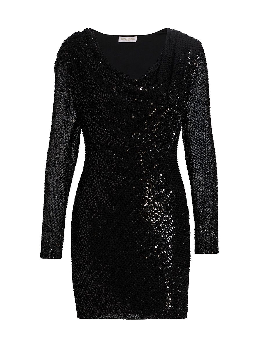 Women's Leon Sequined V-Neck Minidress - Black Beaded Mesh - Size 8