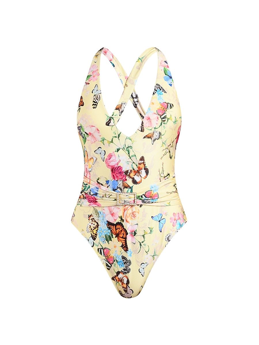 Women's Lisa Garden Butterflies Plunge One-Piece Swimsuit - Size XL
