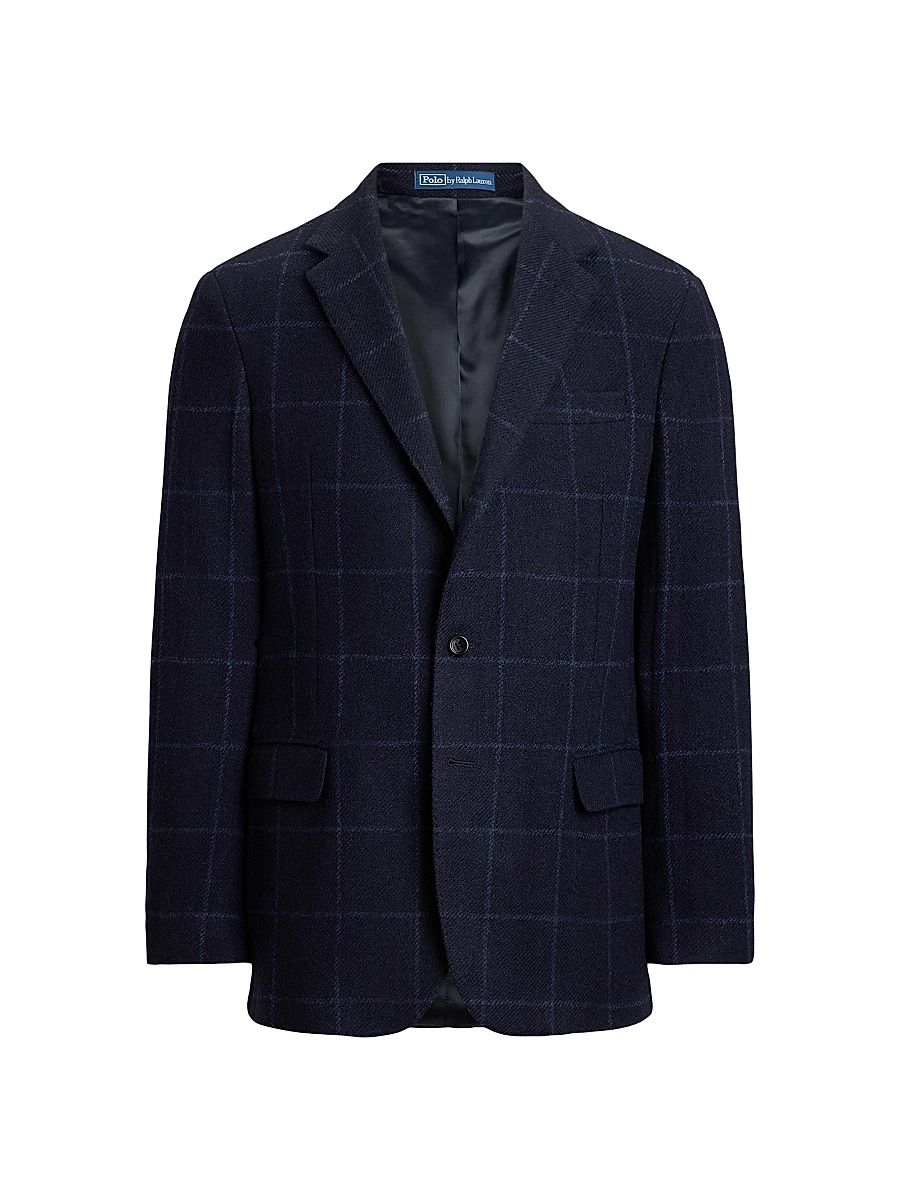 Men's Windowpane Wool Single-Breasted Jacket - Dark Navy Blue - Size 48
