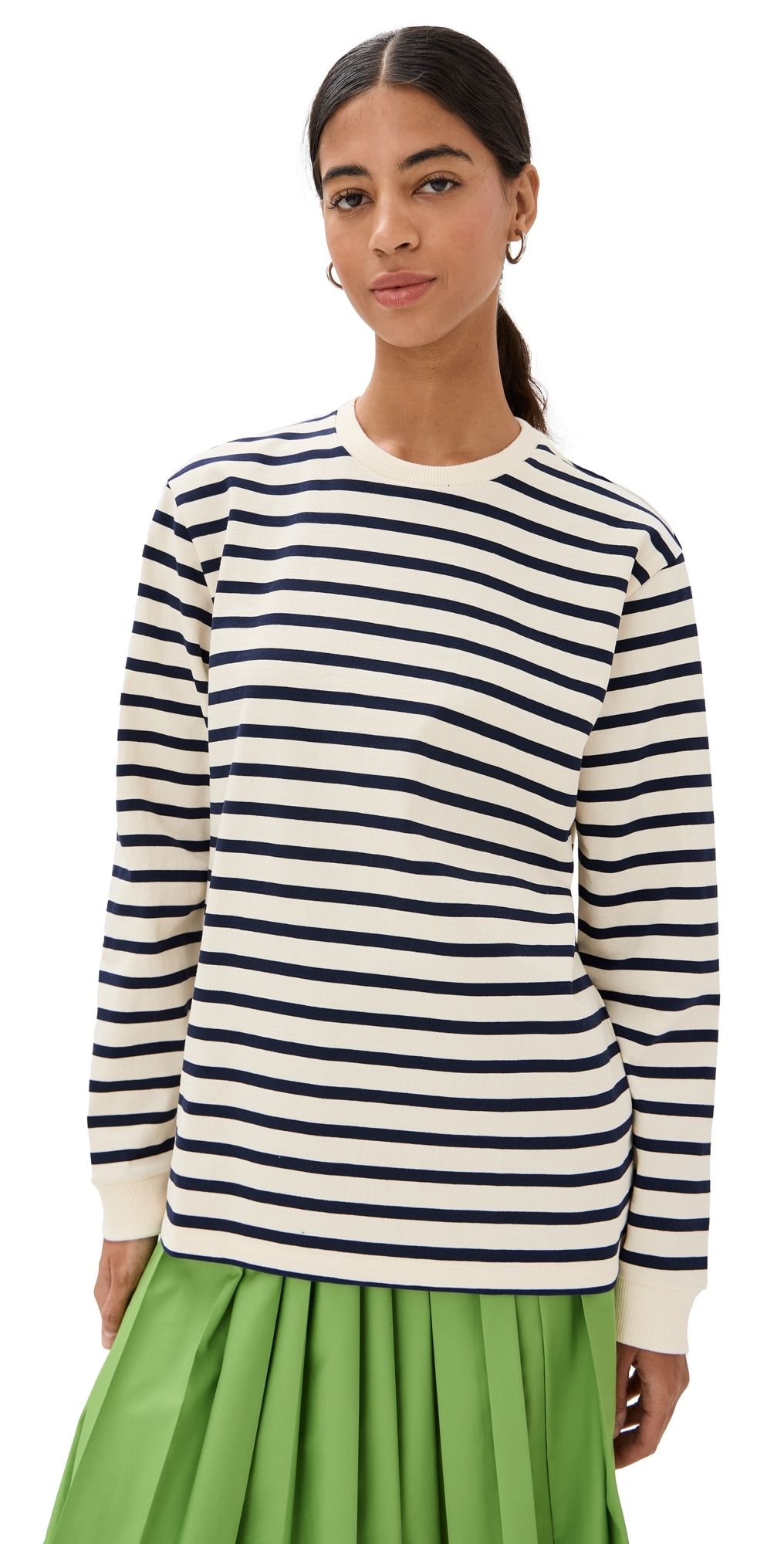 Tibi Striped Perfect Tee Crew Neck Navy Multi XS
