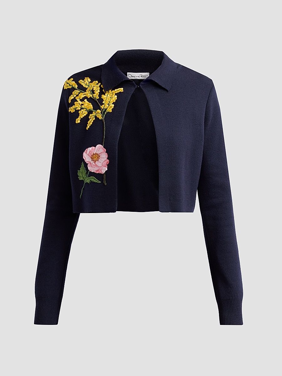 Women's Floral Embroidered Knit Jacket - Navy - Size Small