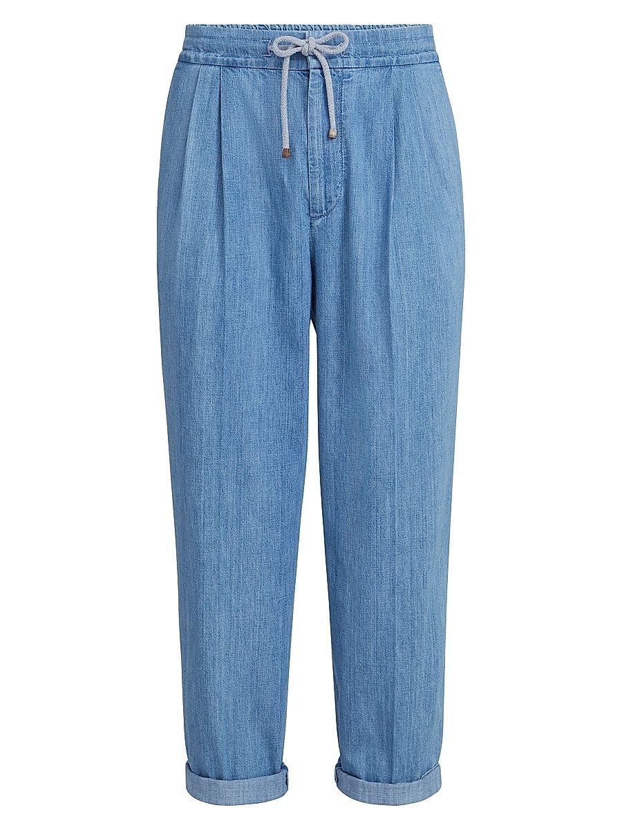 Men's Lightweight Denim Trousers with Drawstring and Double Pleats - Light Denim - Size 52